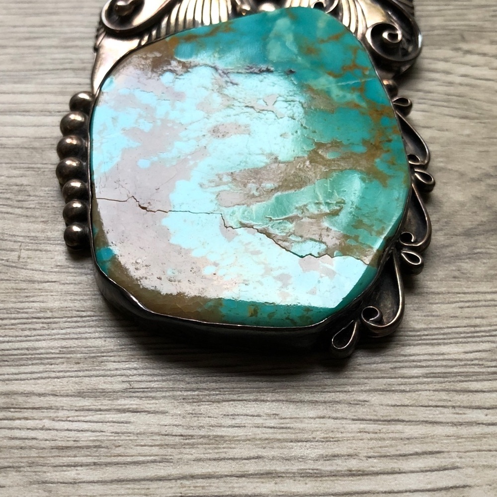 HUGE Vintage Navajo Kingman Turquoise 925 Sterling Silver Pendant Statemnt Piece - Picture 9 of 17